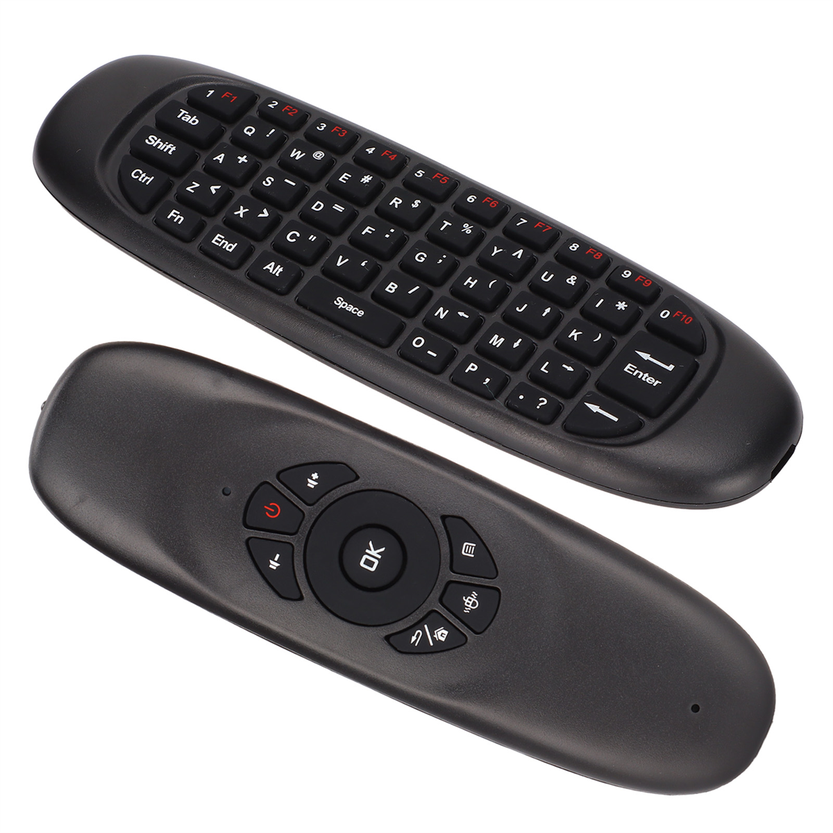 Schwarze Fernbedienung mit Tastatur auf einer Seite und Richtungstasten auf der anderen.