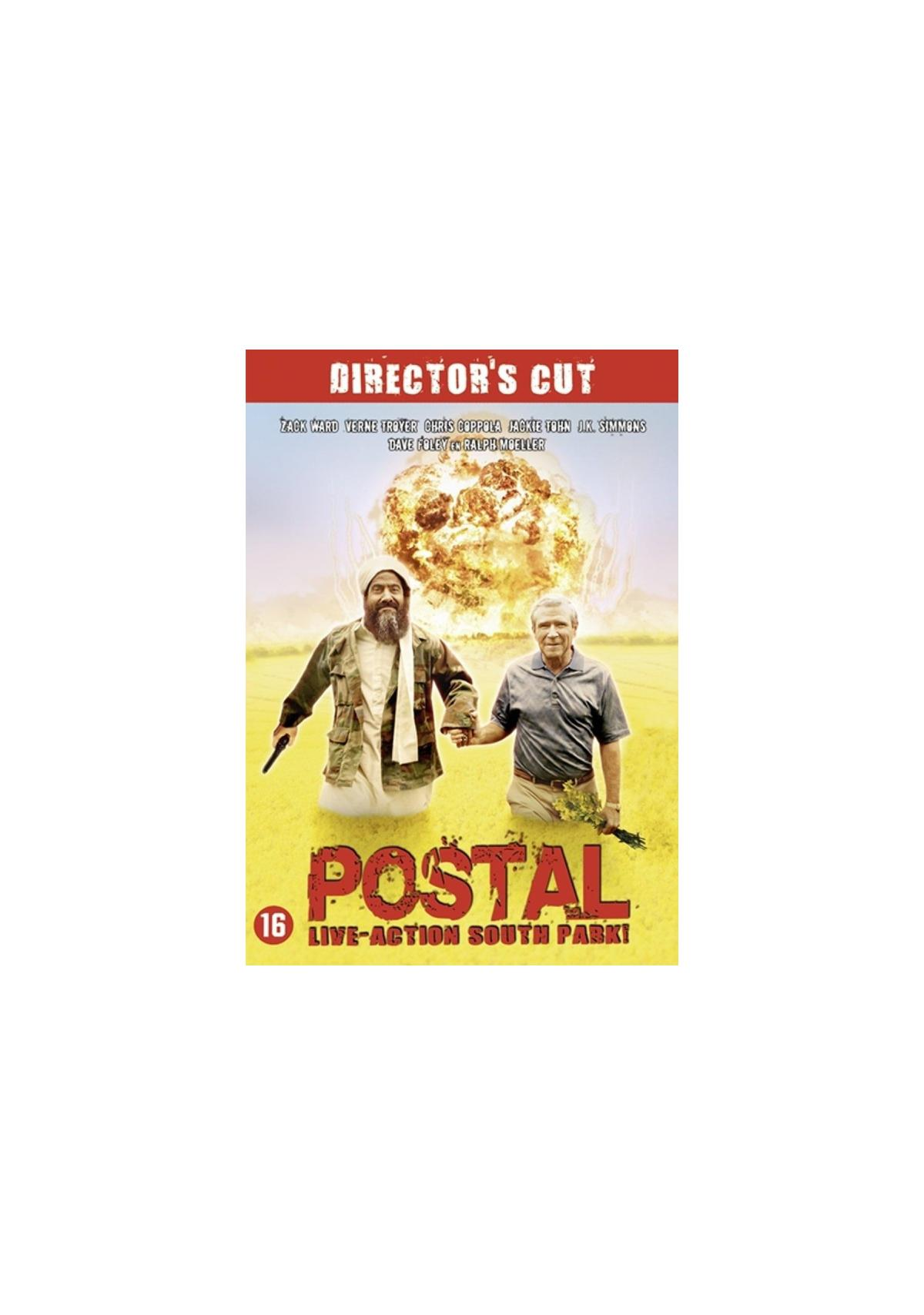 Affiche du film Postal. Deux hommes avec des armes sont au centre. Une explosion en arrière-plan.
