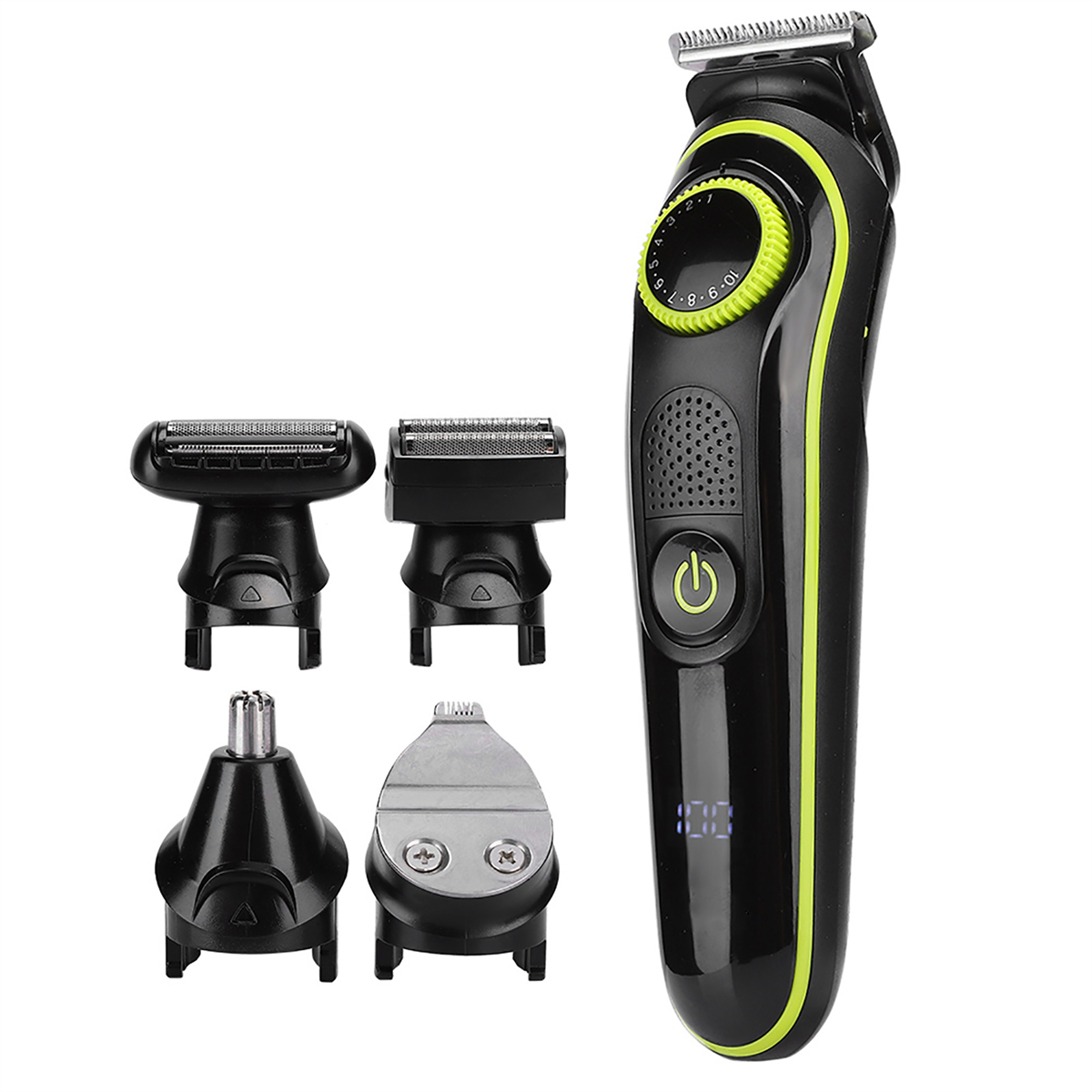 Schwarzer Trimmer mit Zubehör. Er hat eine digitale Anzeige und einen Power-Knopf.