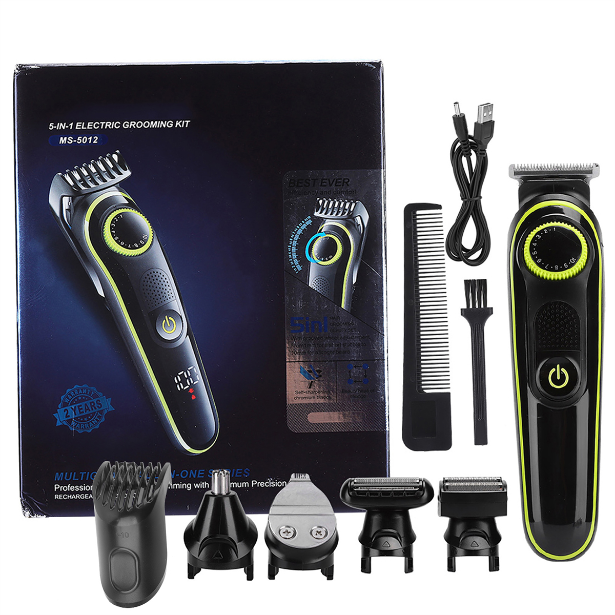 Ein 5-in-1 elektrisches Pflege-Kit mit verschiedenen Aufsätzen und einer schwarzen Box.