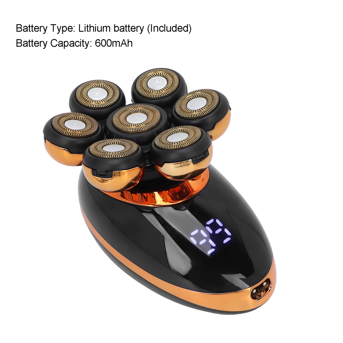 Ein Elektrorasierer mit sieben Scherköpfen. Es zeigt eine Batteriestandsanzeige.