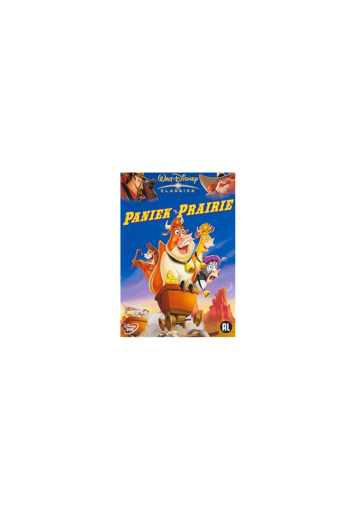 Dvd-hoes van 'Paniek in Prairie' met tekenfilmfiguren. De tekst luidt 'Walt Disney Classics'.