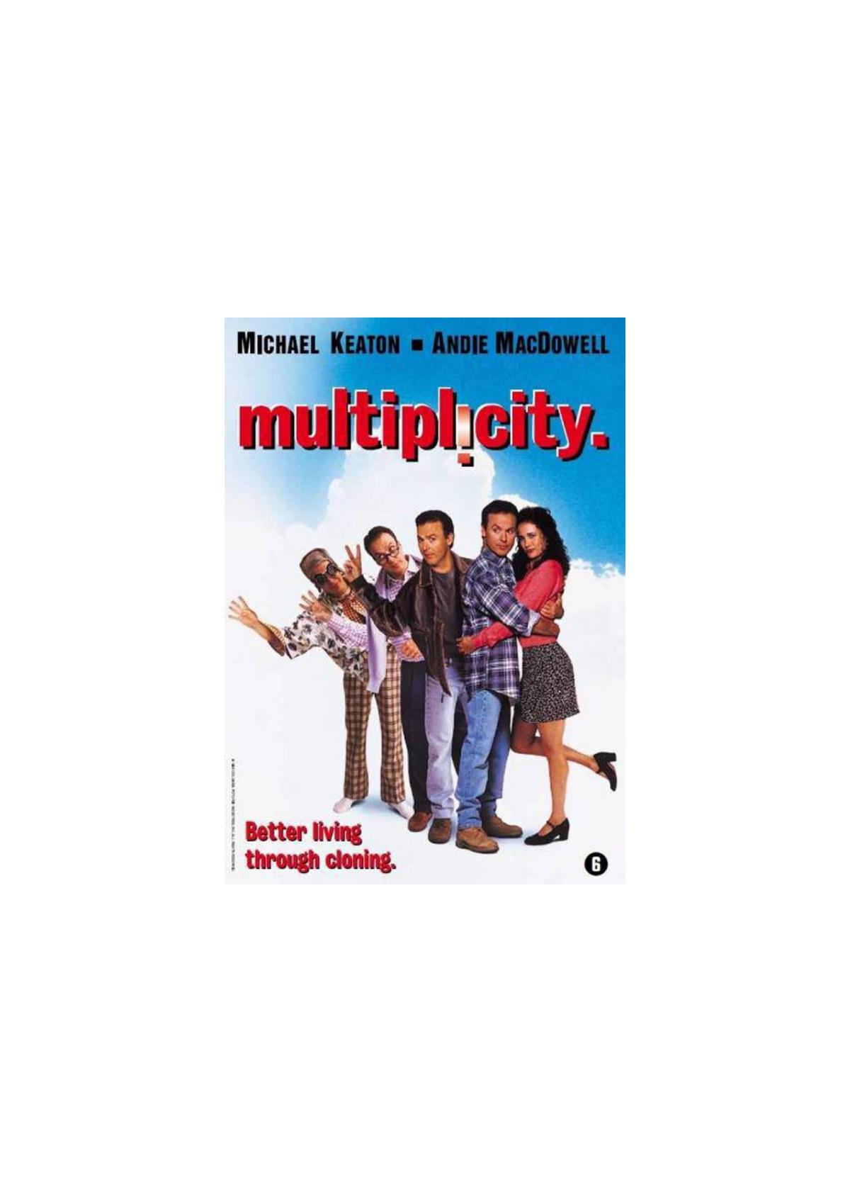 Couverture de film avec quatre personnes. Le texte dit 'Multiplicity'. Le fond est bleu avec des nuages.