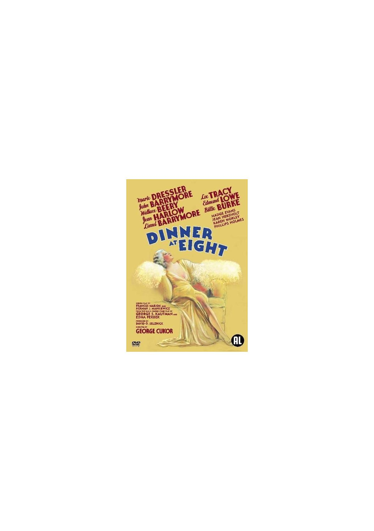 Affiche de film avec une femme en robe jaune. Titre : Dinner at Eight. Il y a un logo DVD.