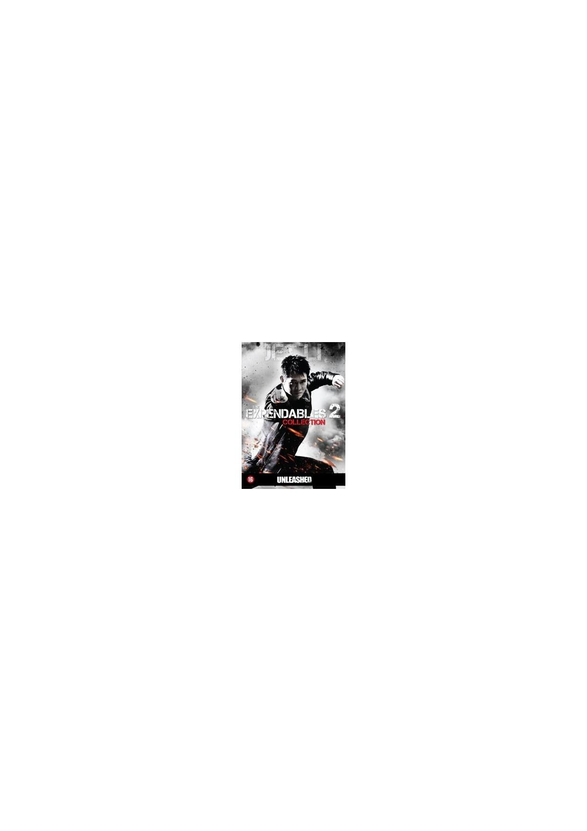 Couverture DVD de 'Expendables 2'. Montre un homme en action, avec un fond sombre.