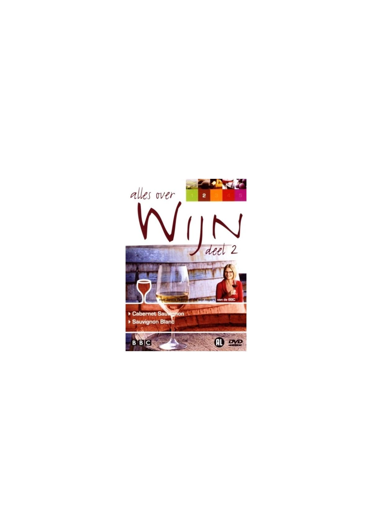 Couverture DVD : Verre à vin et vin. Femme en rouge. Texte : Alles over Wijn deel 2. Cabernet Sauvignon, Sauvignon Blanc.