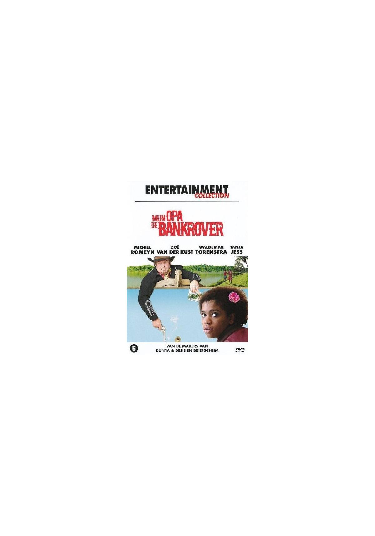 Filmposter met een man en een meisje. De titel is 'Mun Opa De Bankrover'. Een groene achtergrond.