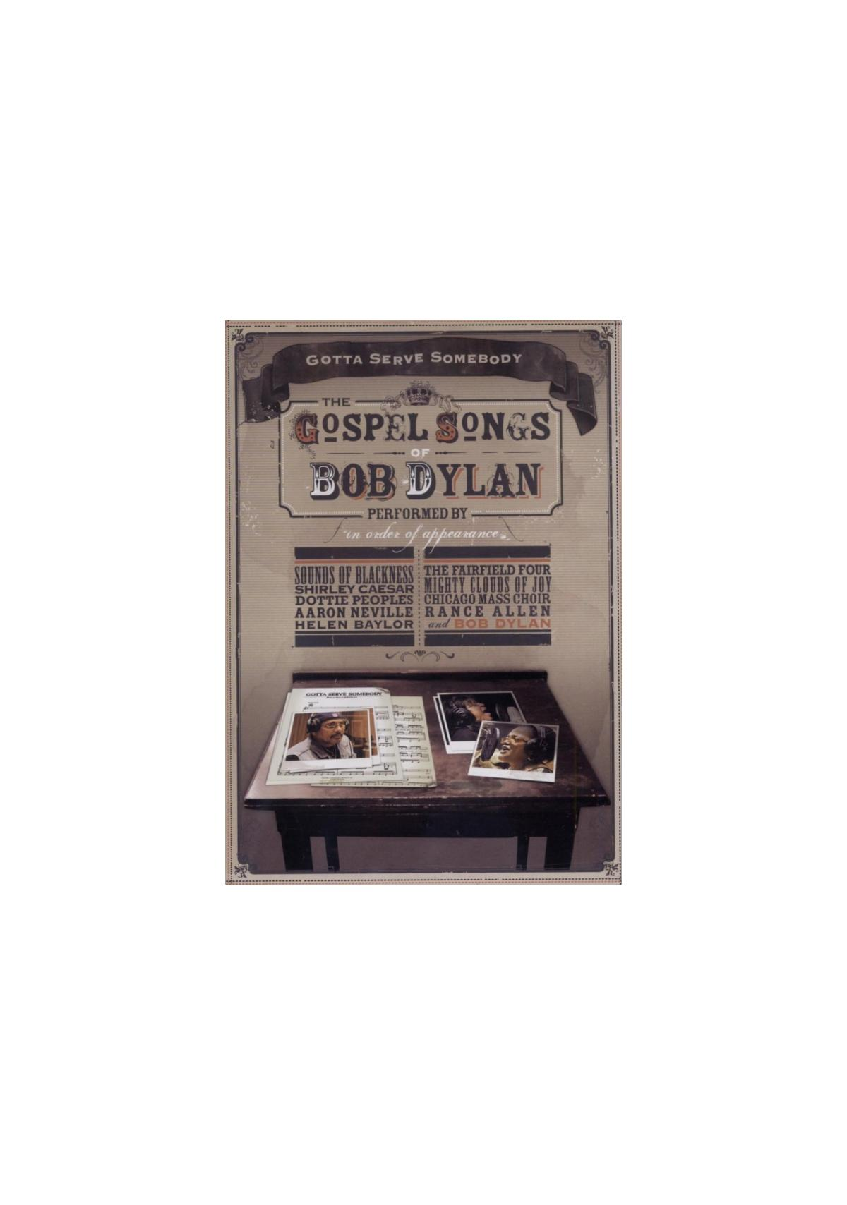 Albumhoes: Bob Dylan's 'The Gospel Songs', tafel met foto's en notities.