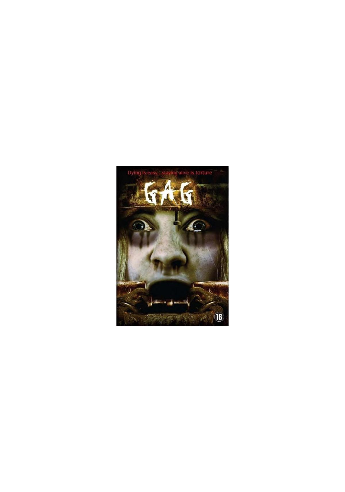 Affiche de film avec le visage d'une femme. Le titre est 'Gag'. Un instrument de torture sur son visage.
