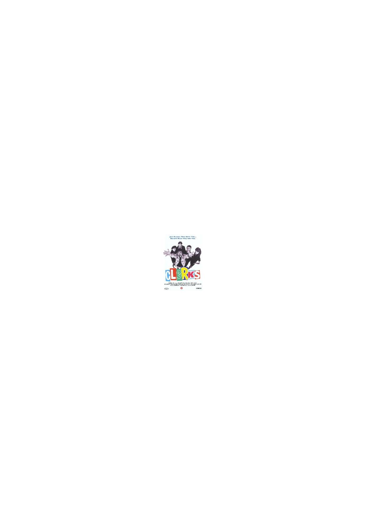 Filmposter: Cartoon van mensen, titel 'Clerks'.