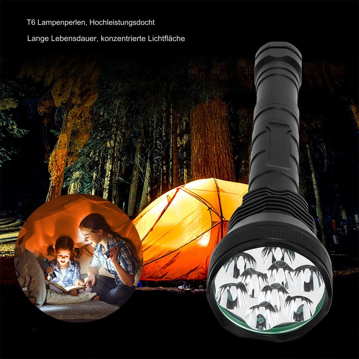 Eine Taschenlampe leuchtet in ein Zelt, in dem eine Frau und ein Mädchen lesen. Der Hintergrund zeigt einen Wald.