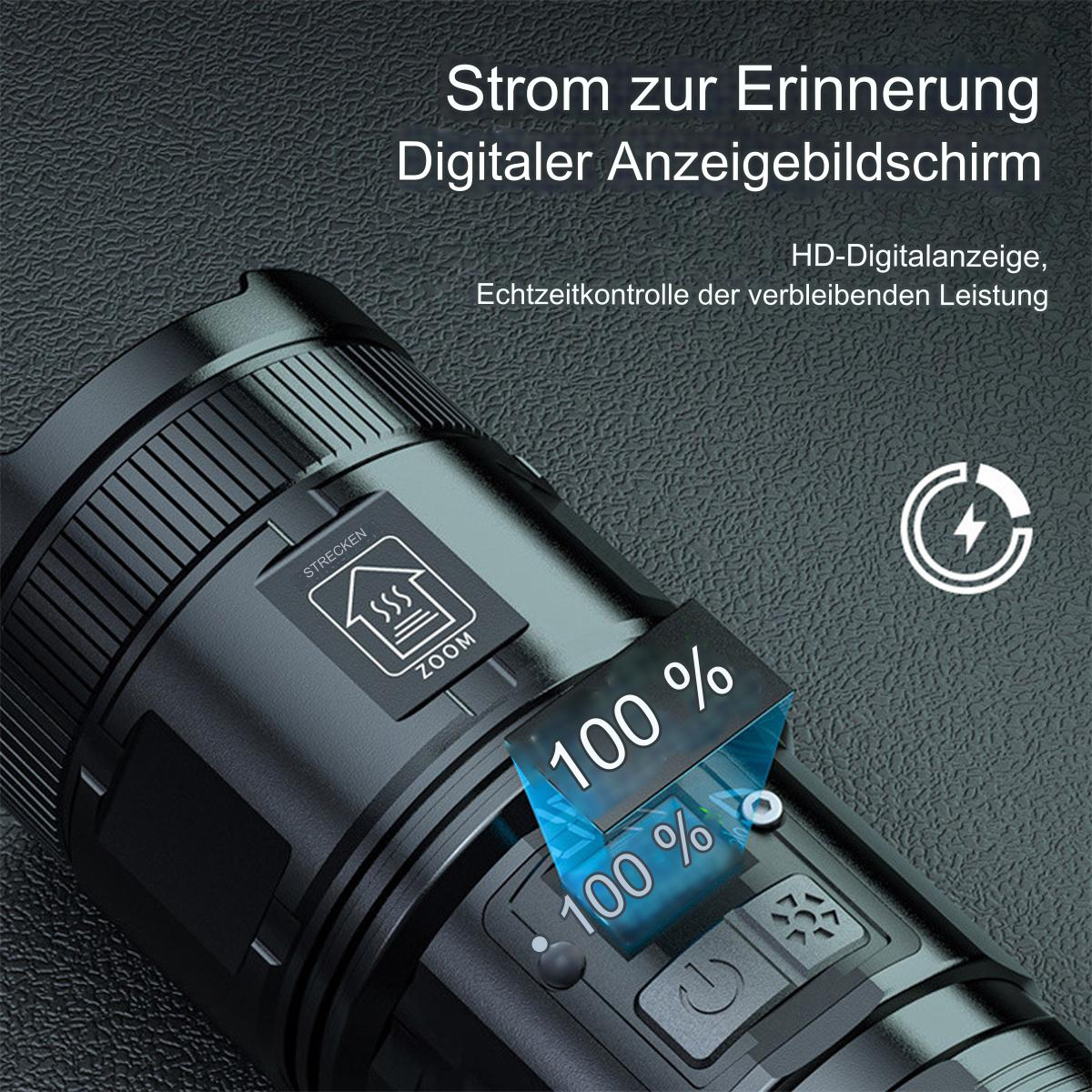 Schwarze Taschenlampe mit Digitalanzeige, die den Batteriestand anzeigt. Der Text lautet 'Strom zur Erinnerung'.