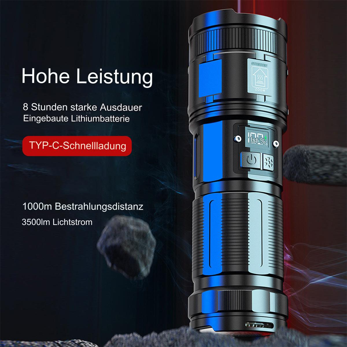 Hochleistungs-Taschenlampe in Schwarz und Blau, mit Text über ihre Eigenschaften und Spezifikationen.