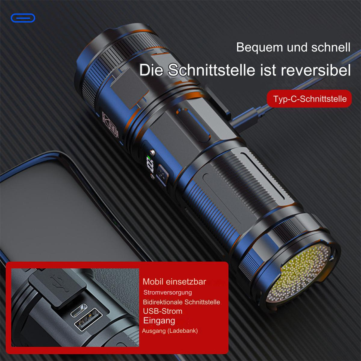 Schwarze Taschenlampe mit Ladekabel und USB-Anschluss. Texte auf Deutsch.