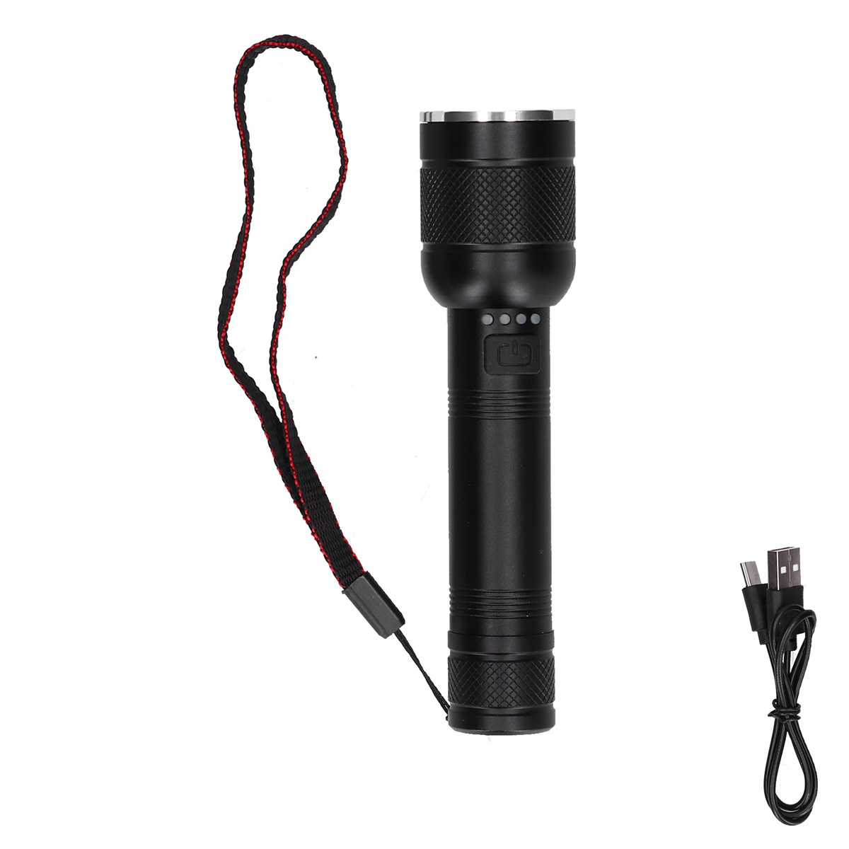 Schwarze Taschenlampe mit rotem und schwarzem Schlüsselband. Ein USB-Kabel liegt darunter. Weißer Hintergrund.