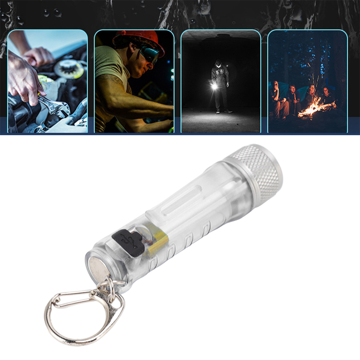 Transparente Taschenlampe mit Schlüsselanhänger. Szenen: Auto reparieren, Bau, Nachtwandern, Camping.