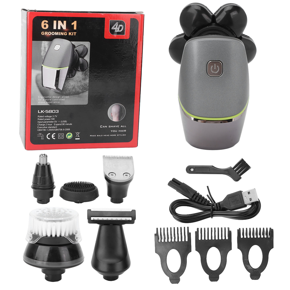 Ein 6-in-1-Pflegeset mit Rasierer, Trimmeraufsätzen und einer Bürste sowie einer Box, einem Ladegerät und Zubehör.
