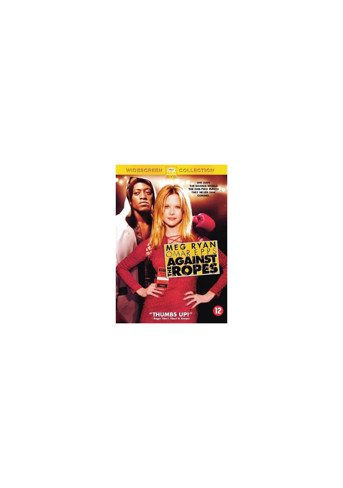 Couverture DVD pour 'Against the Ropes'. Meg Ryan et Omar Epps, gants de boxe rouges.