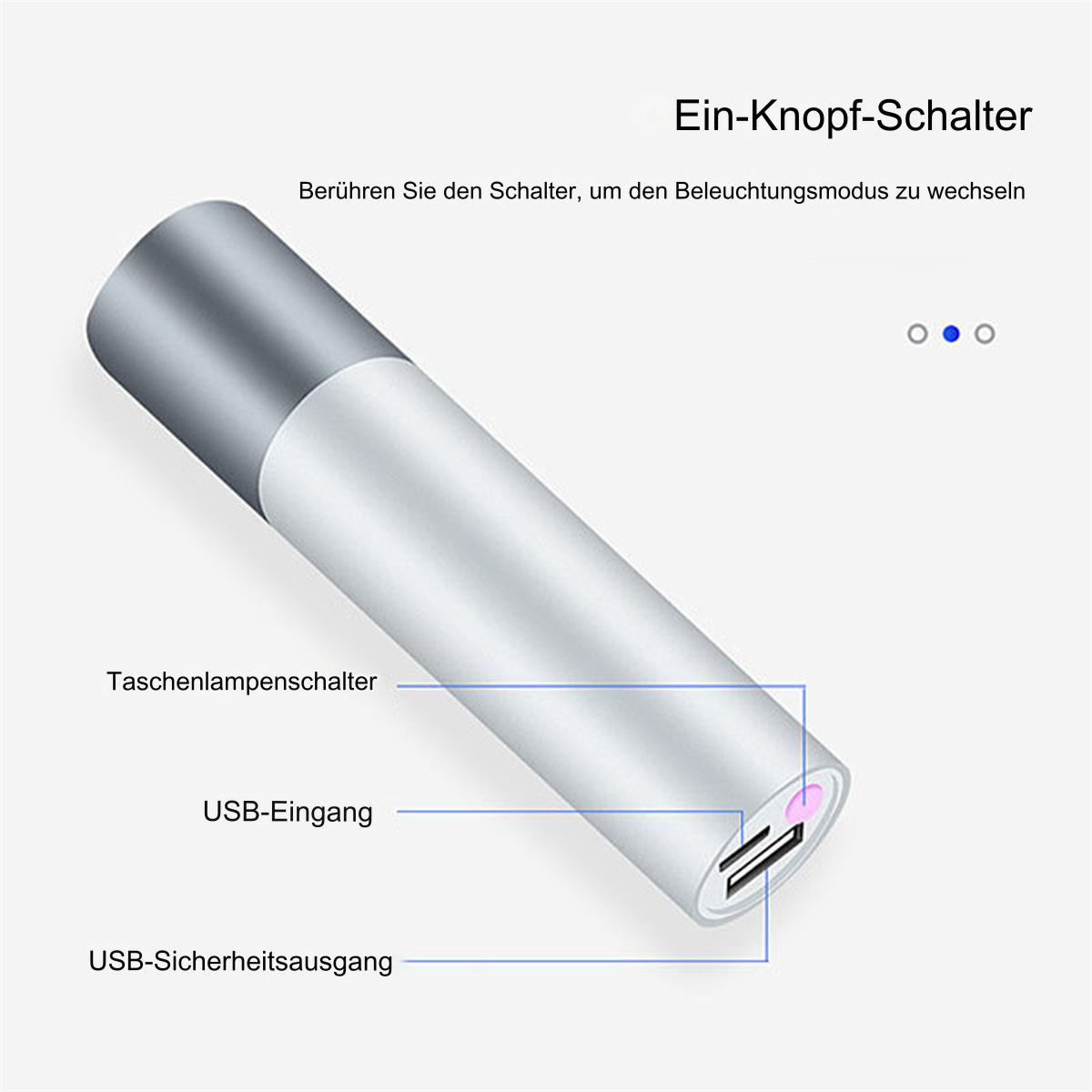 Silberne Taschenlampe mit USB-Eingang und -Ausgang. Text auf Deutsch beschreibt die Funktionen. Weißer Hintergrund.