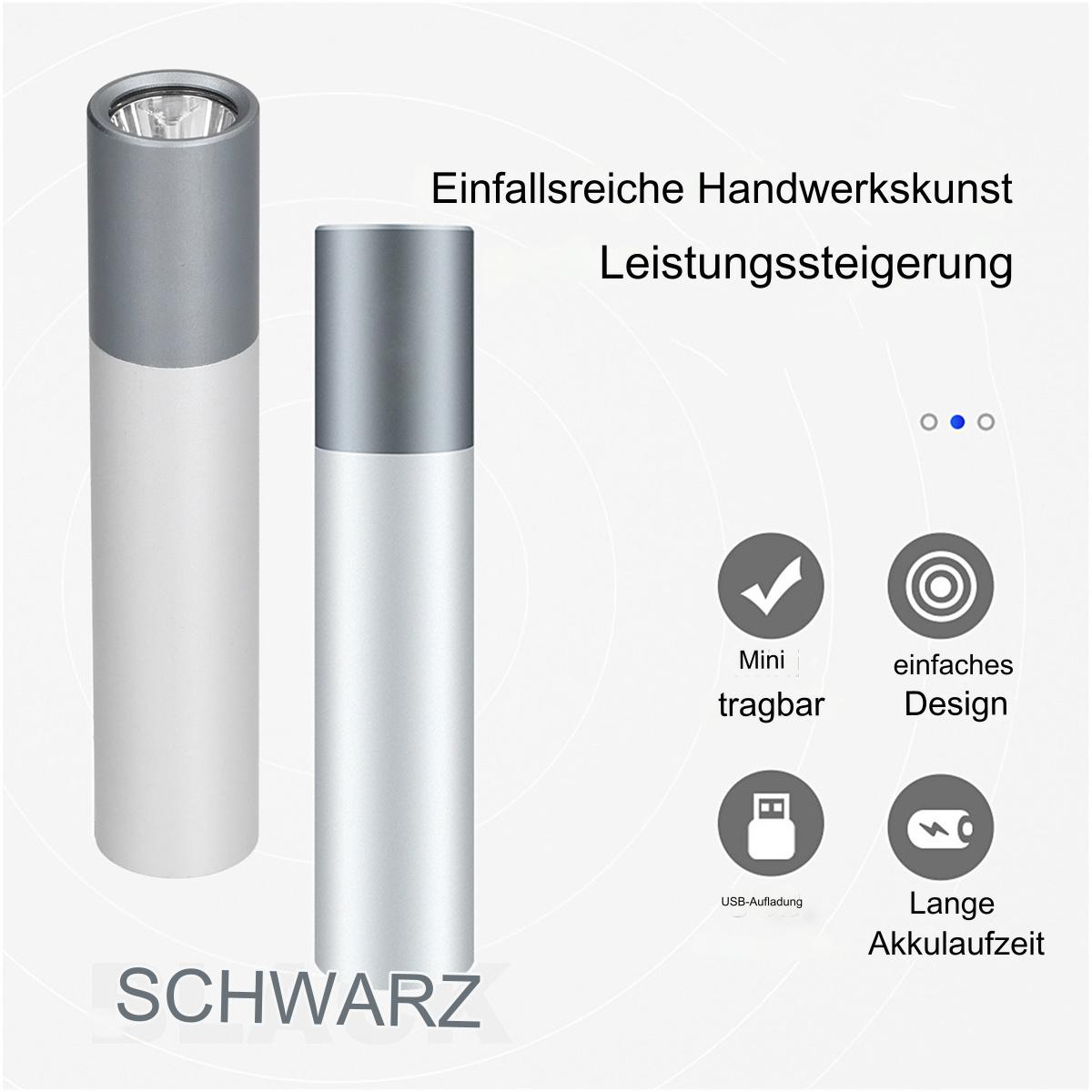 Zwei zylindrische Taschenlampen. Weiße und silberne Farben. Mini tragbar und lange Akkulaufzeit.