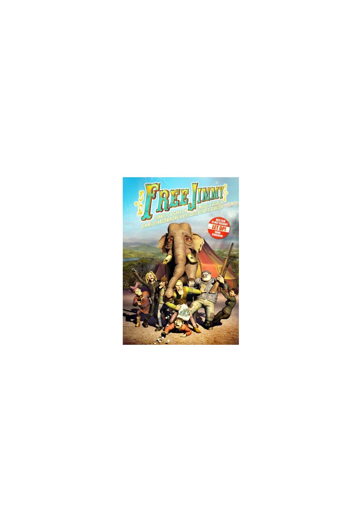 Affiche du film : Éléphant entouré de personnes, le titre est Free Jimmy. Montagnes en arrière-plan.