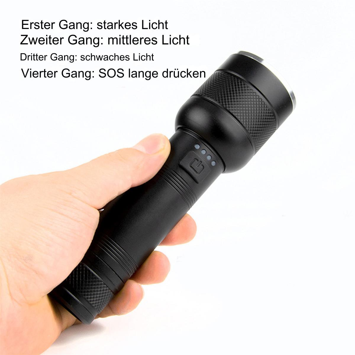 Schwarze Taschenlampe in der Hand gehalten. Hat vier Lichter auf der Rückseite und Anweisungen für verschiedene Lichteinstellungen.