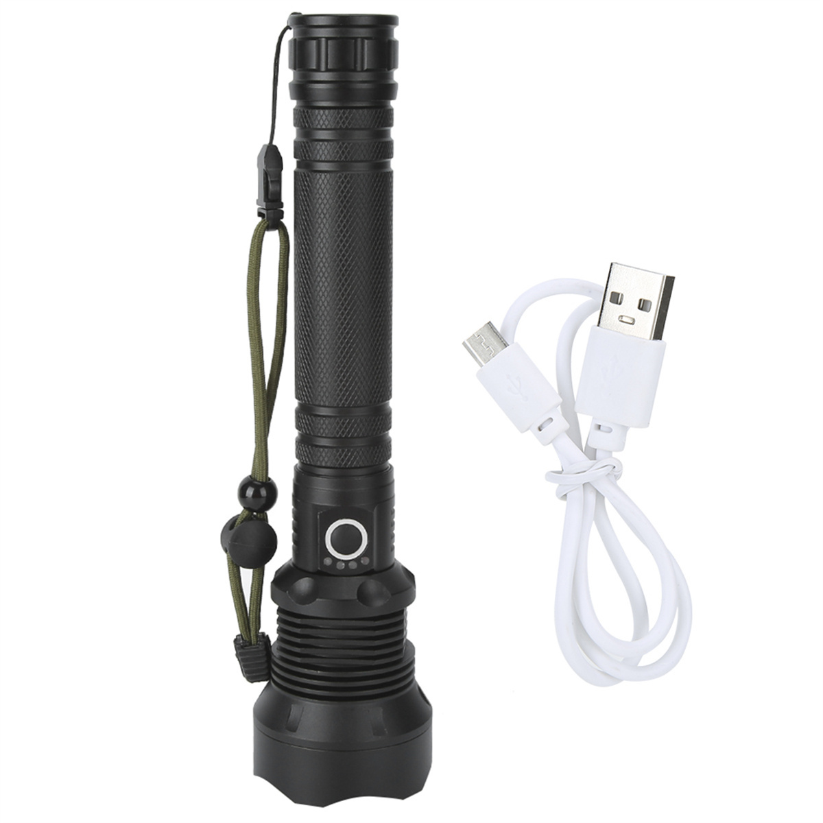 Eine schwarze Taschenlampe mit Ladekabel und Handschlaufe. Sie hat einen Ein-/Ausschalter.