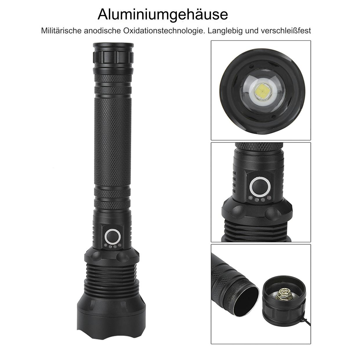 Schwarze Taschenlampe mit geriffeltem Griff, Knöpfen und mehreren Ansichten.