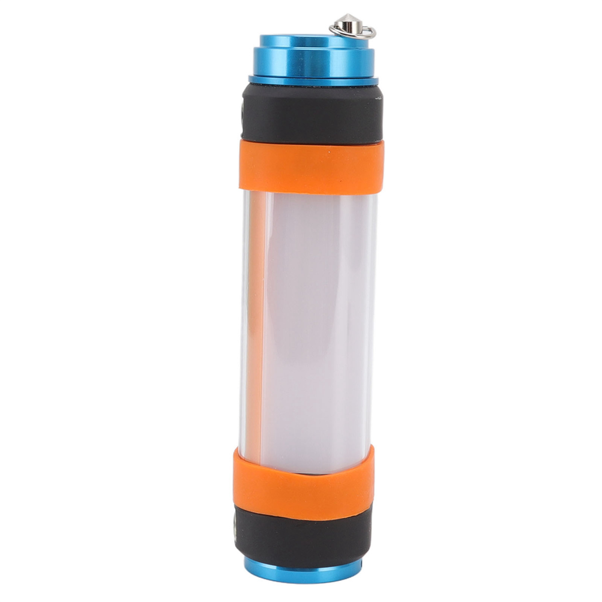 Eine zylindrische Taschenlampe mit schwarzem und blauem Sockel, orangefarbenen Ringen und einem weißen, durchscheinenden Lichtteil.