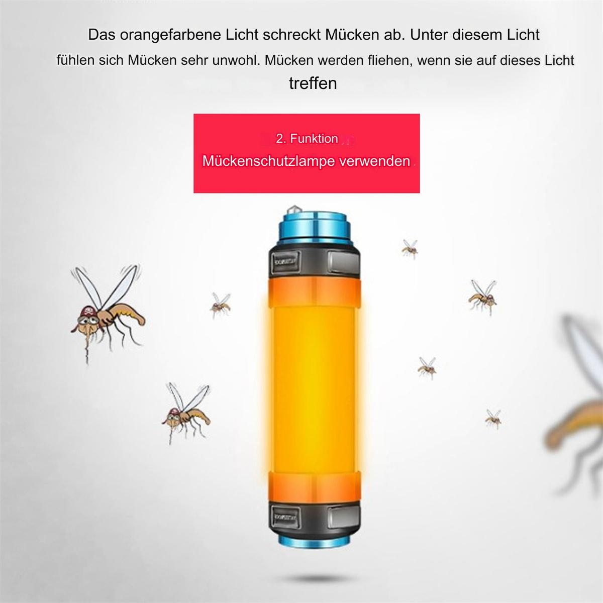 Eine Lampe, die orangefarbenes Licht ausstrahlt, mit Zeichentrickmücken darum. Der Text sagt, dass es sie abwehrt.