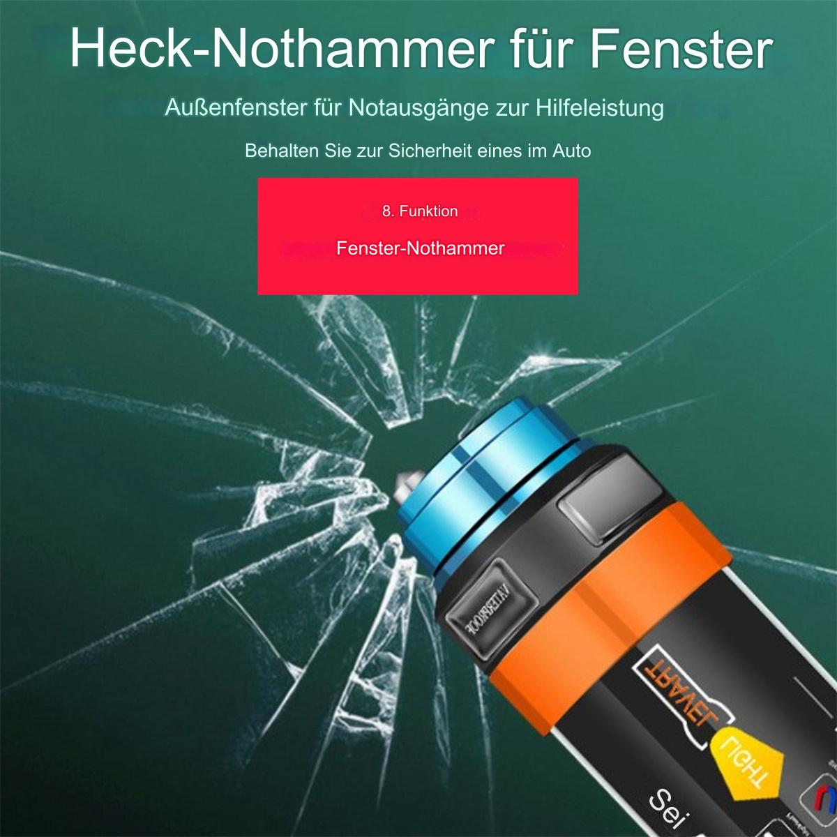 Ein Fensterbrecher-Werkzeug mit rotem und schwarzem Griff zerbricht ein Fenster. Das Glas ist zersplittert.