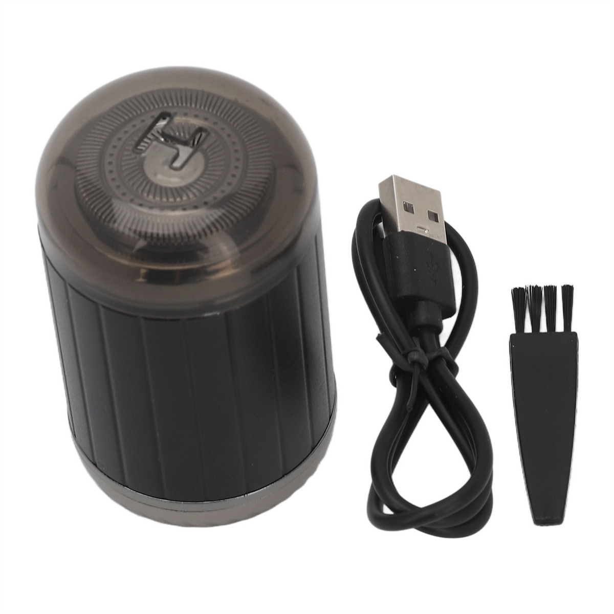 Schwarzer Elektrorasierer mit USB-Kabel und Reinigungsbürste. Draufsicht.