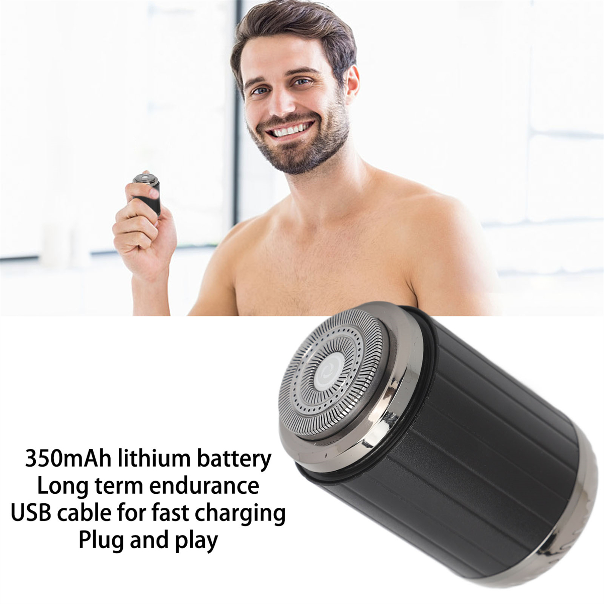 Mann hält Rasierer, Produktaufnahme, und Text, der die Lithium-Batterie, das USB-Kabel und die Eigenschaften beschreibt.