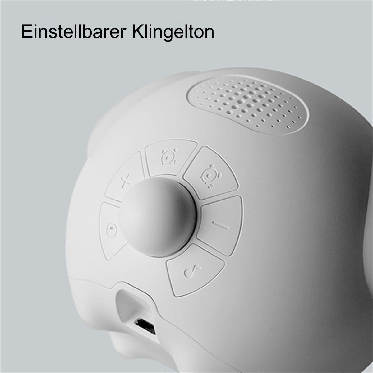 Weißes elektronisches Gerät mit Knöpfen, vermutlich ein Smart Speaker oder Wecker. Text sagt 'Einstellbarer Klingelton'.