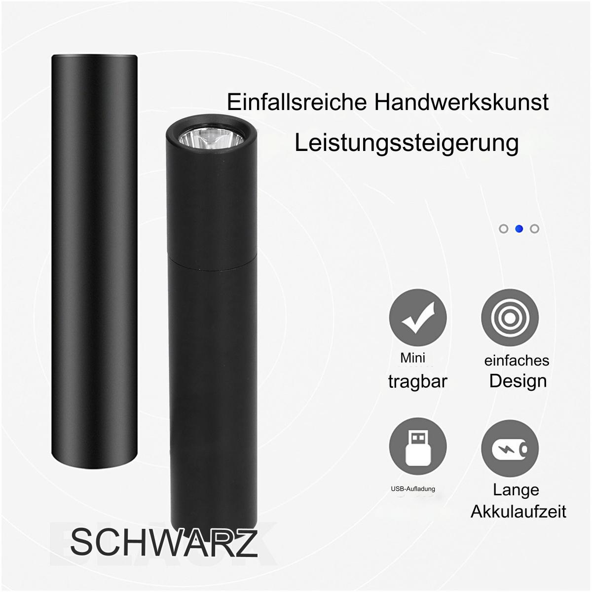 Schwarze Taschenlampe mit zwei anderen schwarzen Röhren. Text sagt "Mini tragbar" und "Einfaches Design".