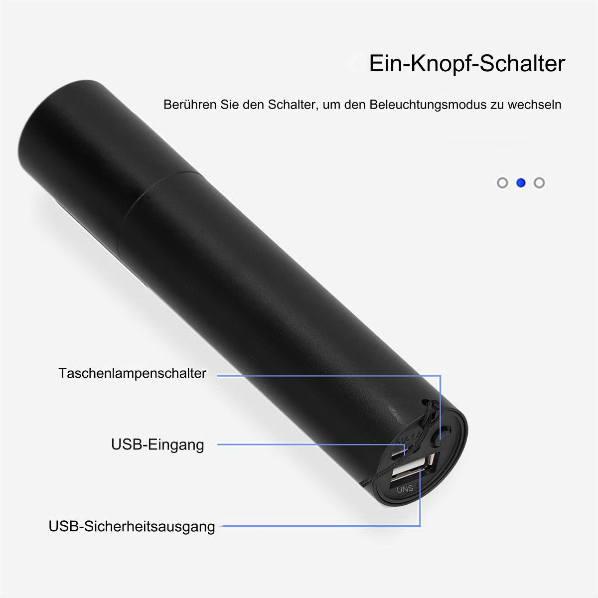 Eine schwarze Taschenlampe. Das Bild zeigt den USB-Eingang und -Ausgang sowie den Netzschalter.