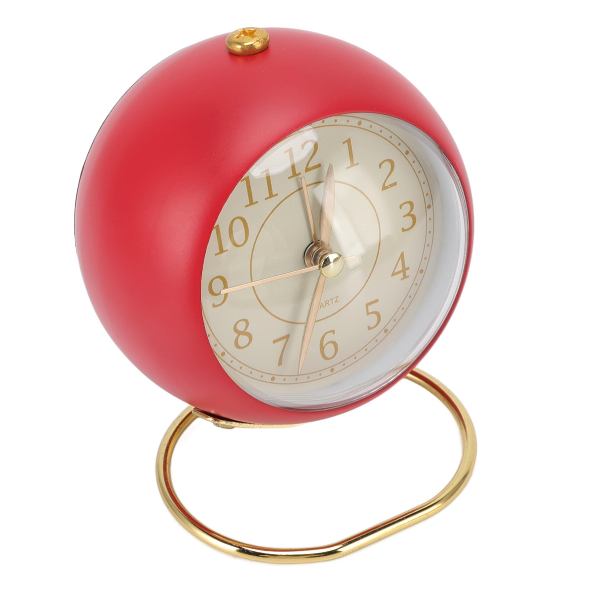 Roter runder Wecker mit goldenem Ständer. Zahlen auf dem weißen Zifferblatt.