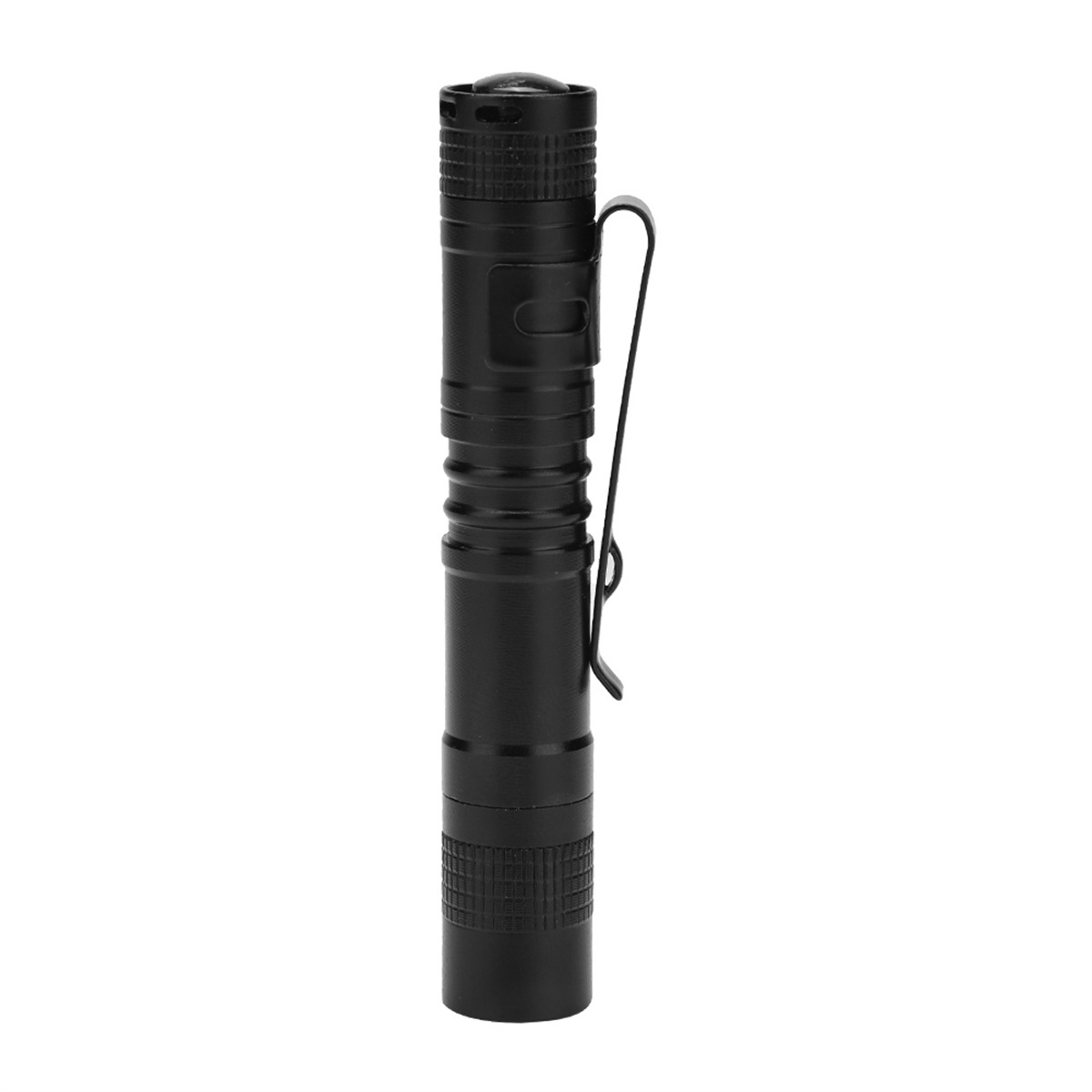 Eine schwarze Taschenlampe mit Taschenclip, zylindrisch, mit hellem Licht.