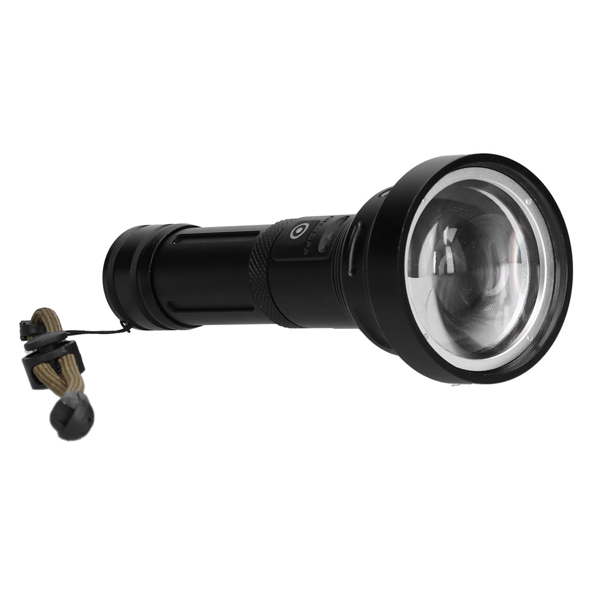 Schwarze Taschenlampe mit breiter Linse und Handschlaufe. Das Licht ist an. Weißer Hintergrund.