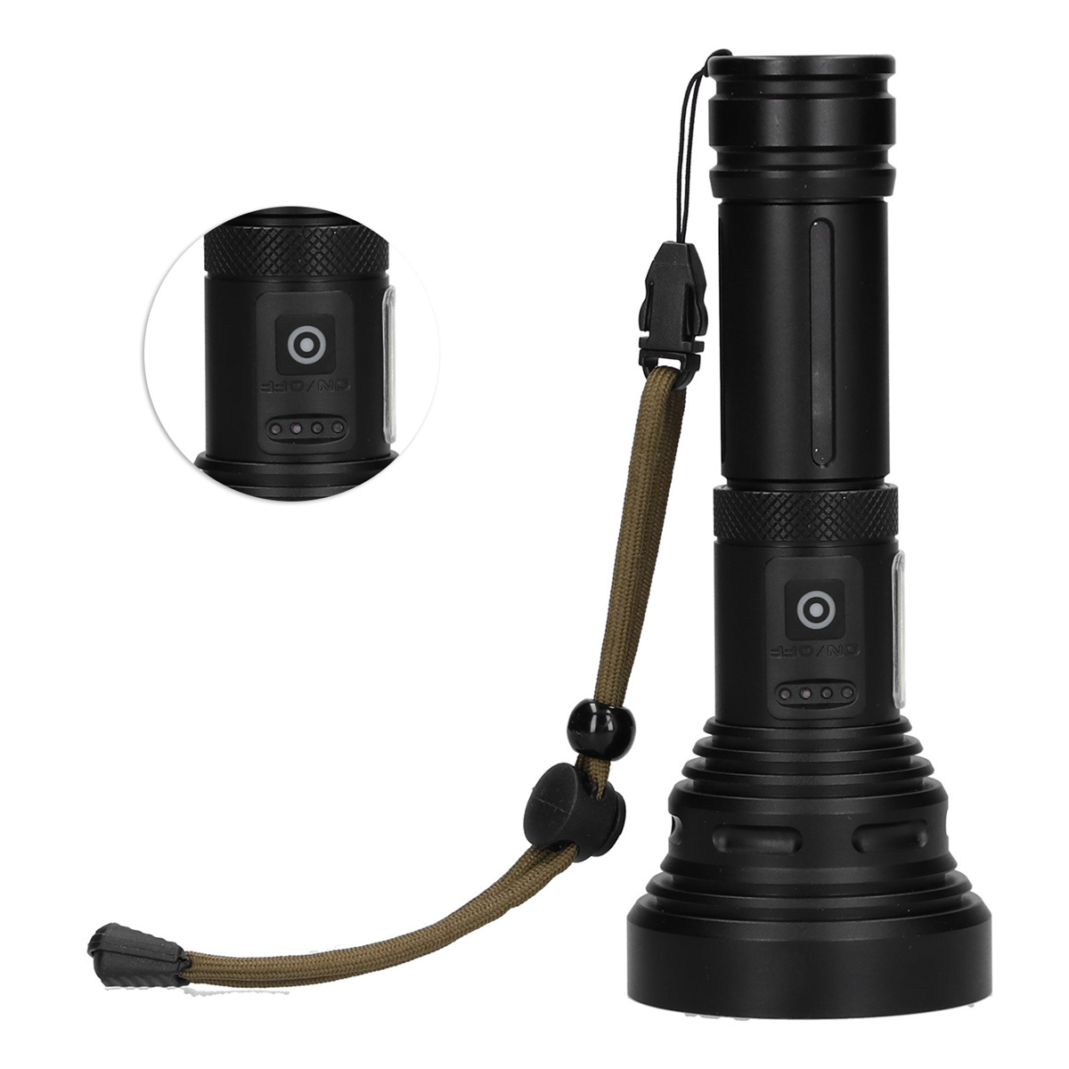 Eine schwarze Taschenlampe mit grünem Riemen wird gezeigt. Eine Nahaufnahme zeigt den Ein-/Ausschalter und die Leistungsanzeige.