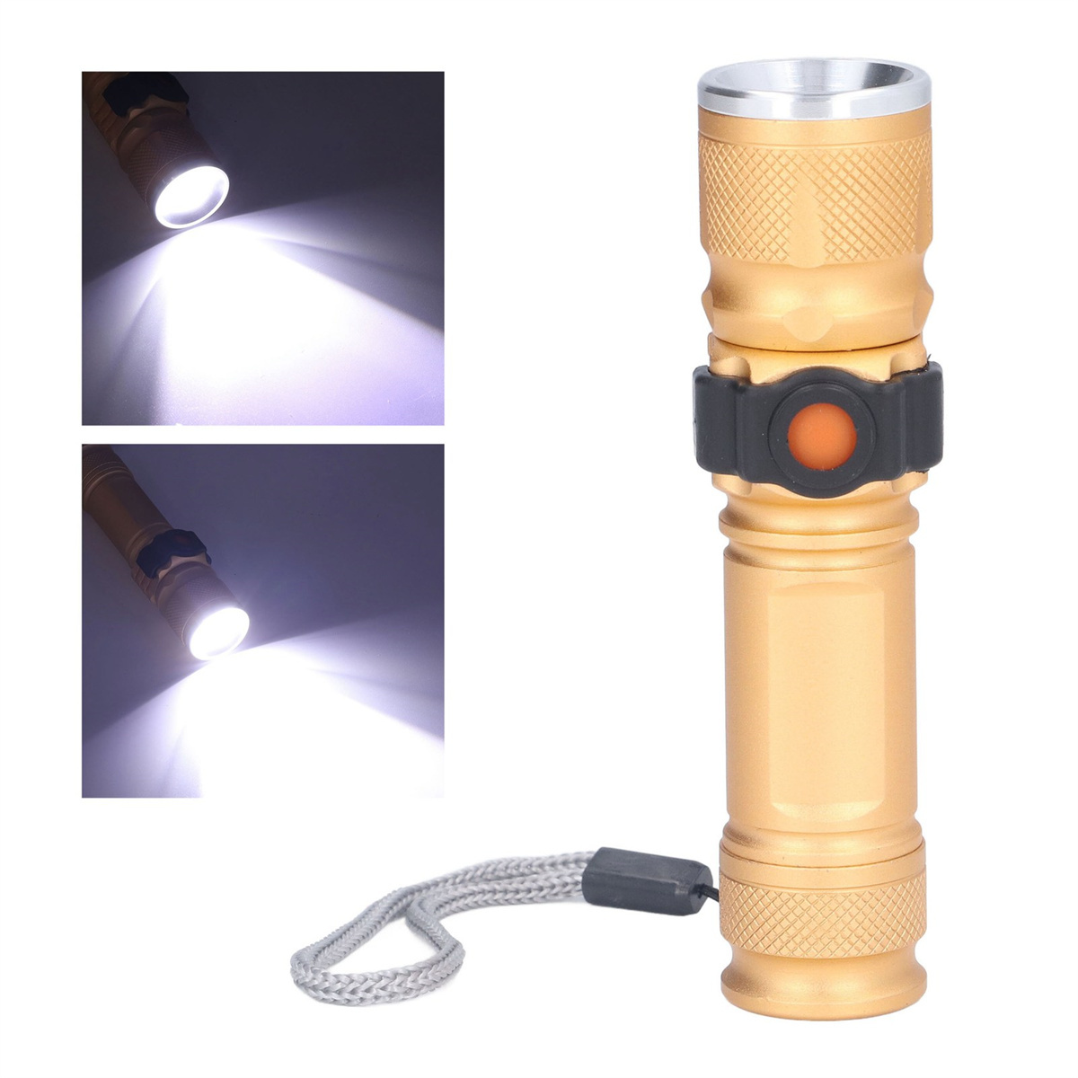 Goldene Taschenlampe mit schwarzem Griff. Hat ein Schlüsselband. Zwei Bilder zeigen das Licht an.
