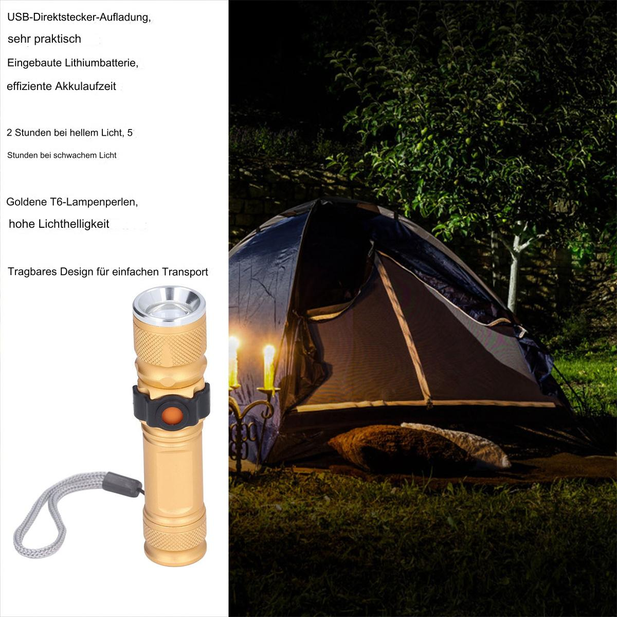 Goldene Taschenlampe mit Text und einer Zelt-Szene bei Nacht.