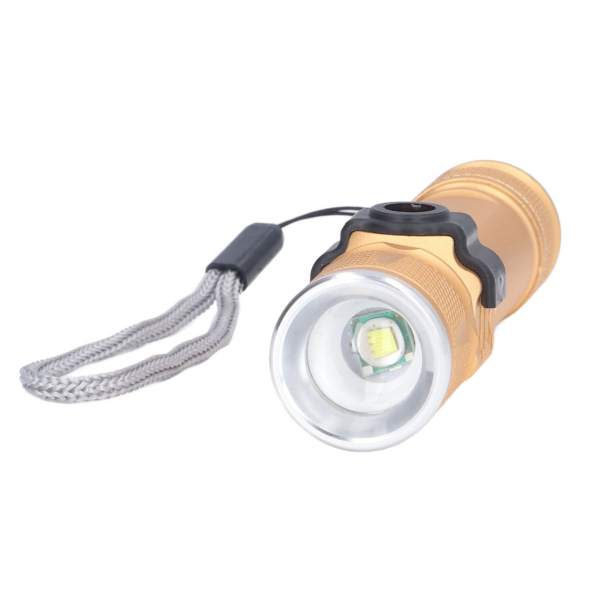 Goldene Taschenlampe mit grauem Riemen. Das Licht ist an.