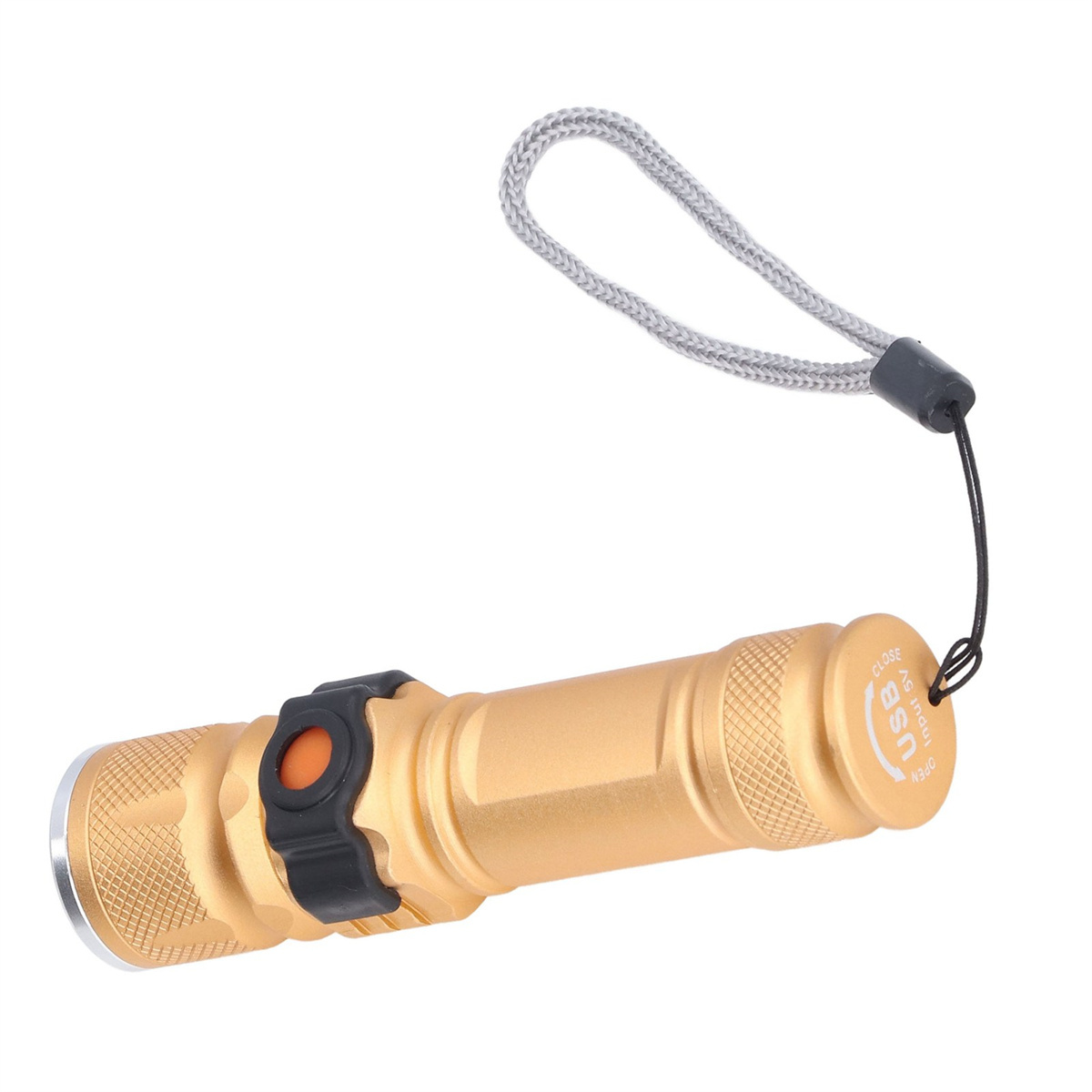 Eine goldene Taschenlampe mit schwarzem Band, grauem Schlüsselband und schwarzem Knopf.