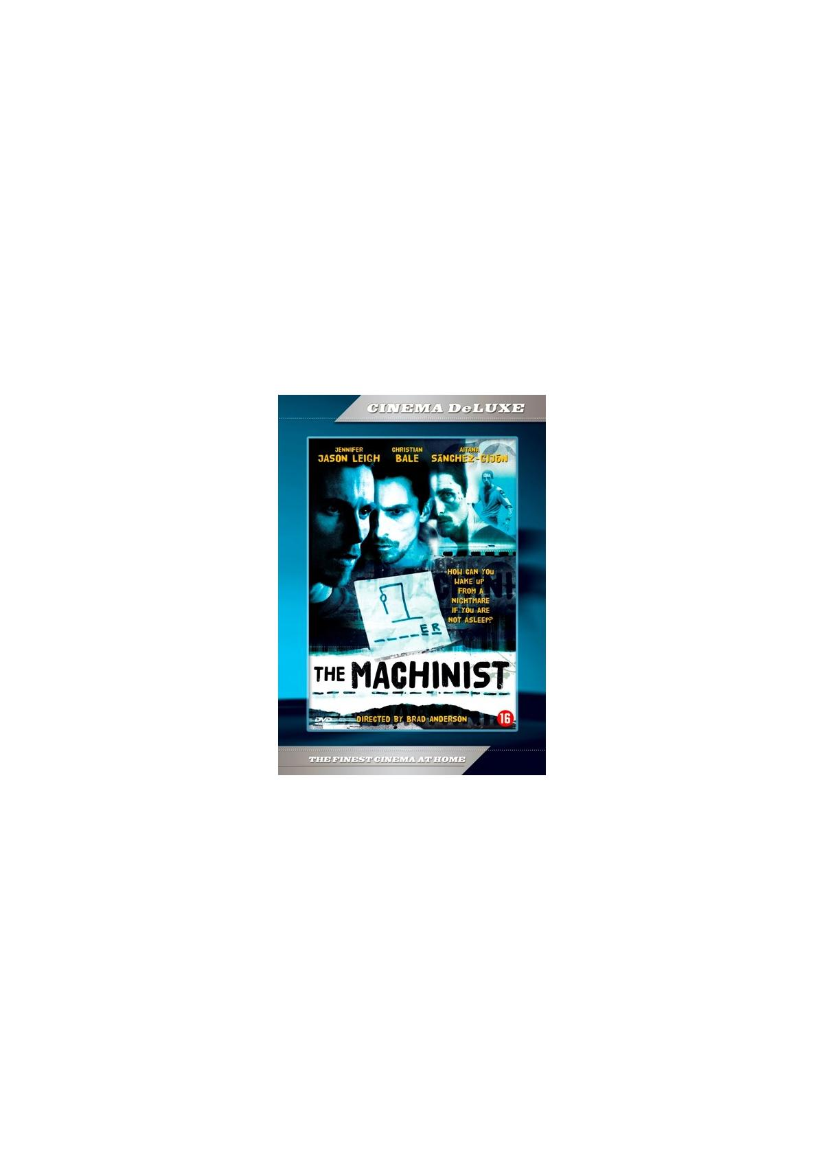 Couverture du DVD The Machinist. Trois visages d'hommes, texte dans un cadre bleu.
