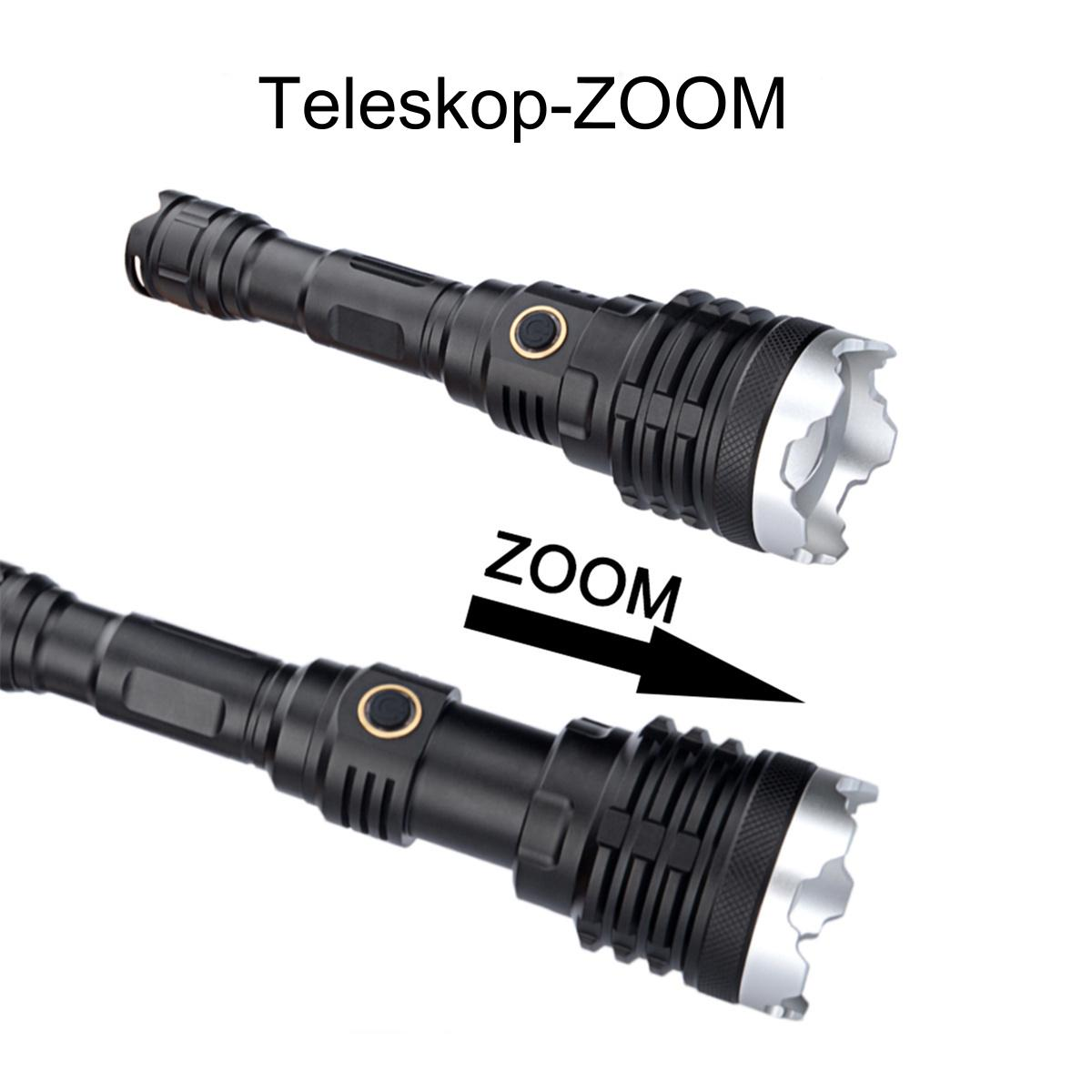 Zwei schwarze Taschenlampen, oben Teleskop-ZOOM, unten mit ZOOM-Pfeil.