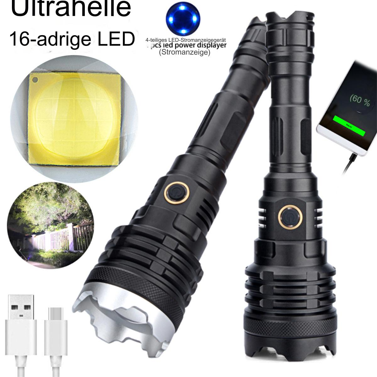 Zwei schwarze Taschenlampen mit Text und Bildern. Eine ist an ein Ladegerät angeschlossen. Weißer Hintergrund.