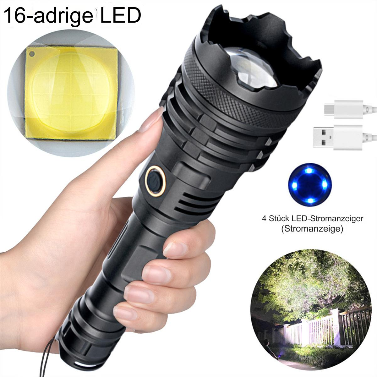 Schwarze Taschenlampe in der Hand. Sie hat gelbes LED-Licht. USB-Kabel und Lichtfleck sichtbar.