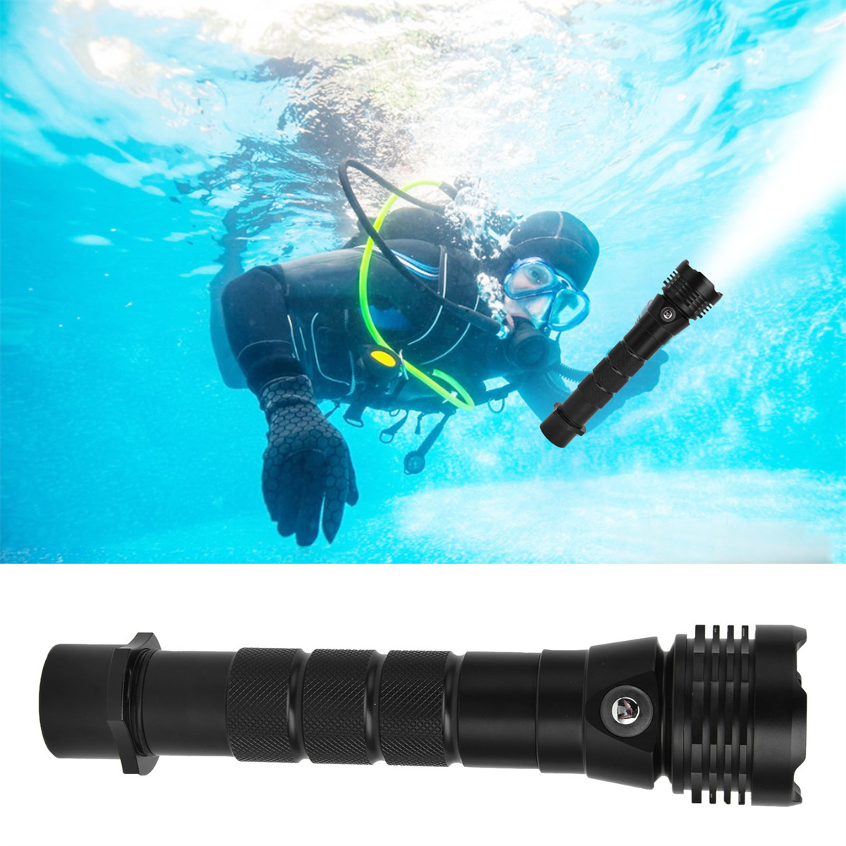 Ein Taucher im Wasser leuchtet mit einer schwarzen Taschenlampe. Die Taschenlampe ist auch im Bild sichtbar.