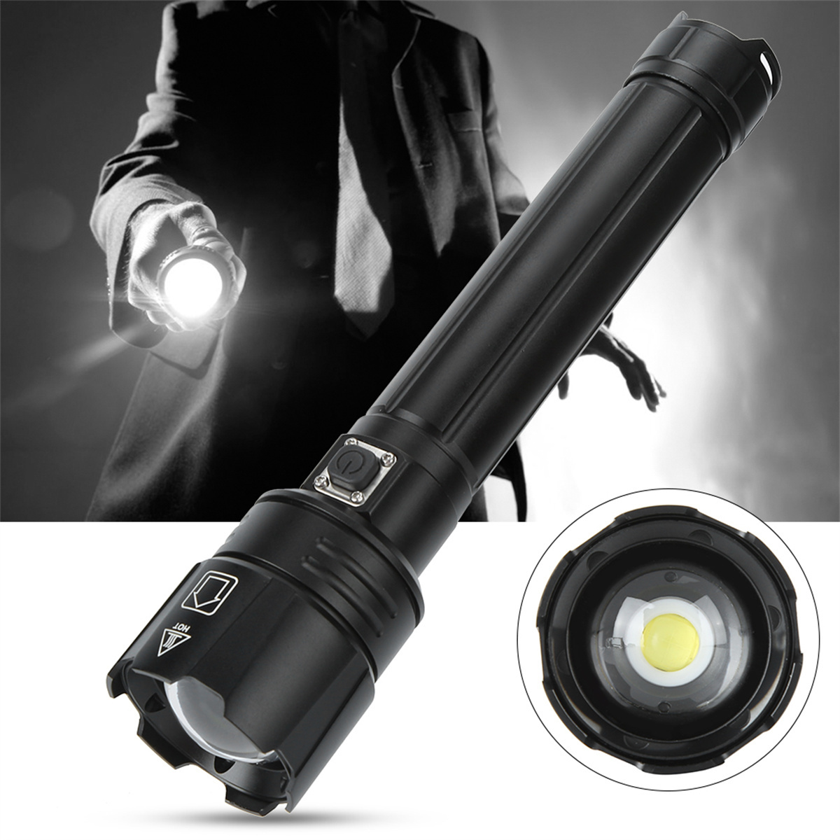 Schwarze Taschenlampe, gehalten von einer Person im Anzug, mit Nahaufnahme des Lichts.